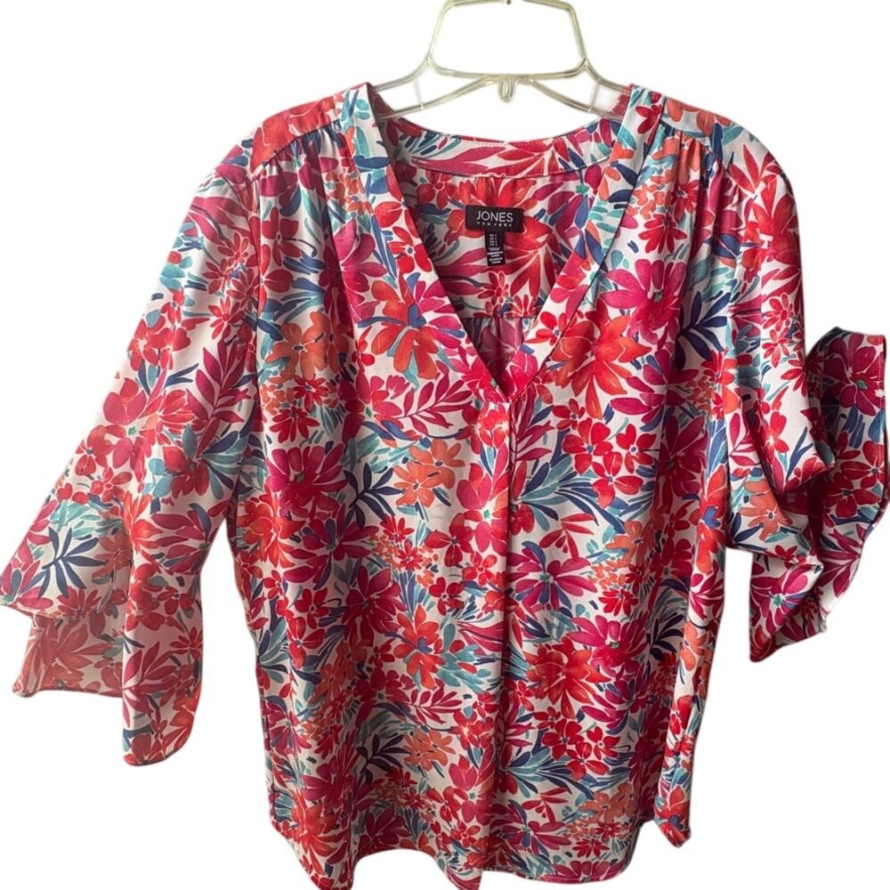 Jones New York 3/4 bell sleeve polyester multi-colored blouse  L career casual